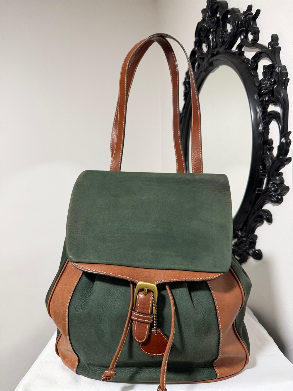 Bally Vintage Green nubuck and Tan Leather Backpack Tote 💚💚 luxury 👒